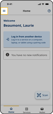 App home screen with the menu icon in the top left corner highlighted